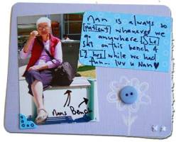 holiday keepsake photo of nan on her bench